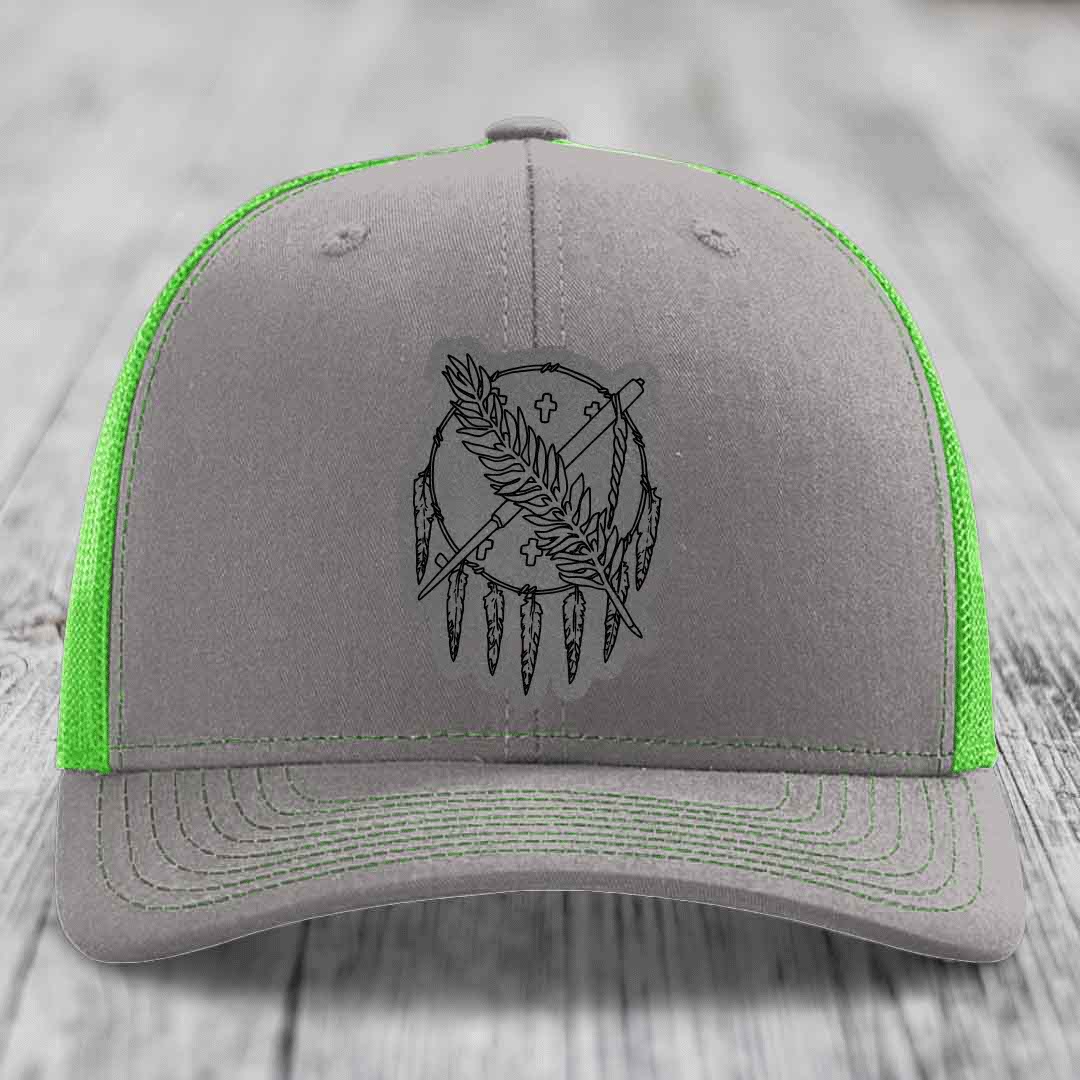Oklahoma State Flag - Leather Patch Hat - Grey to Black Patch - Richardson 112 Snapback Trucker Hat