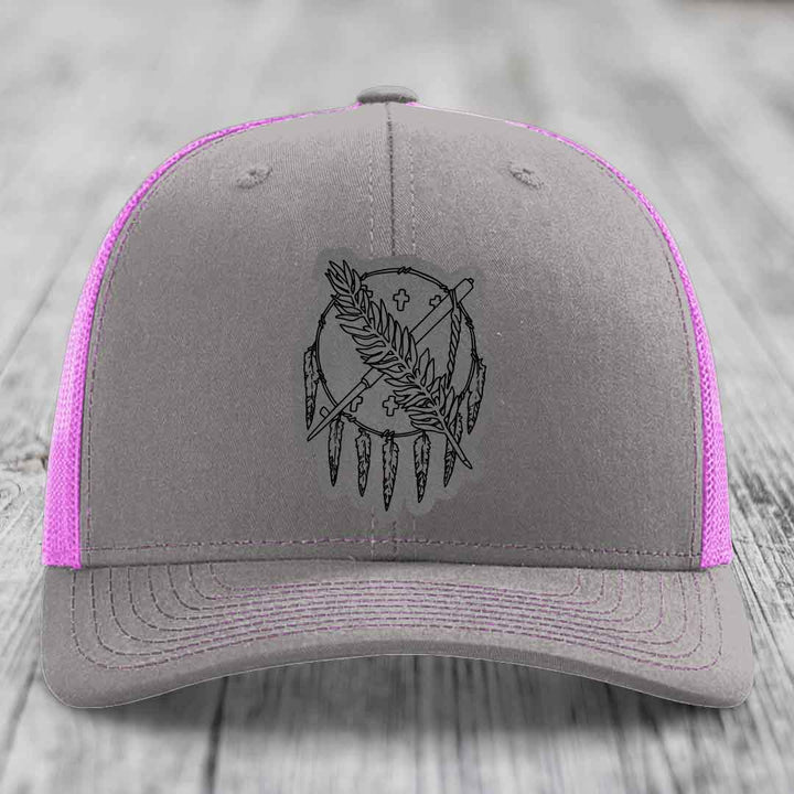 Oklahoma State Flag - Leather Patch Hat - Grey to Black Patch - Richardson 112 Snapback Trucker Hat