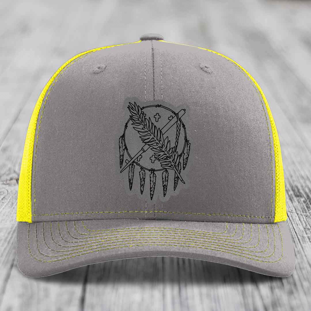 Oklahoma State Flag - Leather Patch Hat - Grey to Black Patch - Richardson 112 Snapback Trucker Hat