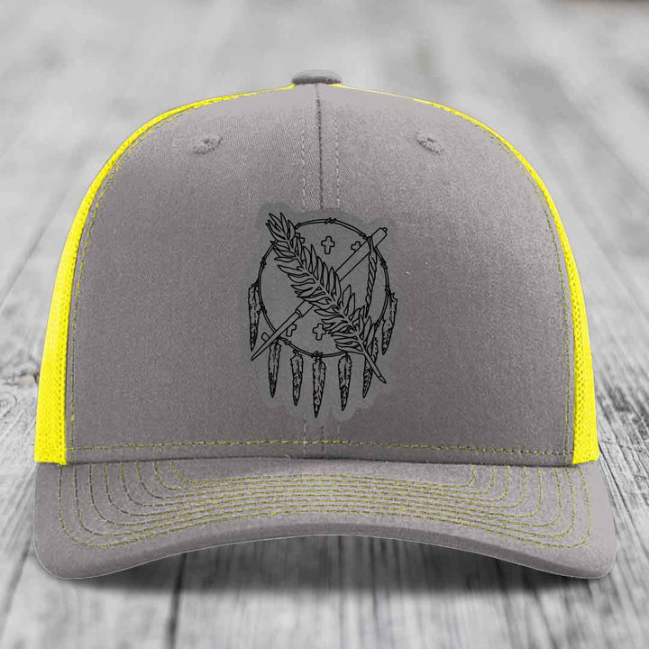 Oklahoma State Flag - Leather Patch Hat - Grey to Black Patch - Richardson 112 Snapback Trucker Hat