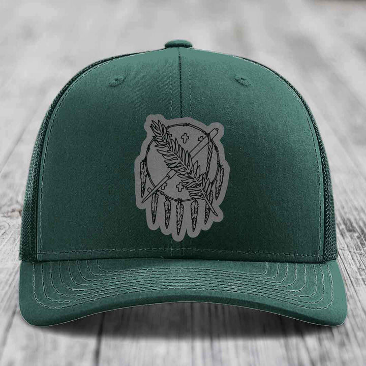 Oklahoma State Flag - Leather Patch Hat - Grey to Black Patch - Richardson 112 Snapback Trucker Hat