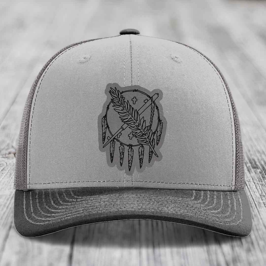 Oklahoma State Flag - Leather Patch Hat - Grey to Black Patch - Richardson 112 Snapback Trucker Hat