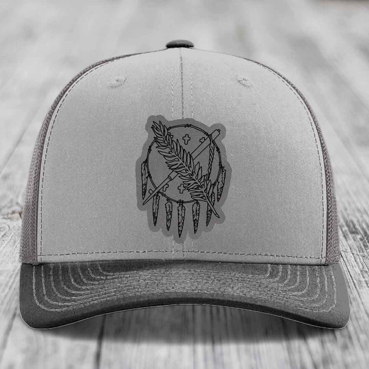Oklahoma State Flag - Leather Patch Hat - Grey to Black Patch - Richardson 112 Snapback Trucker Hat