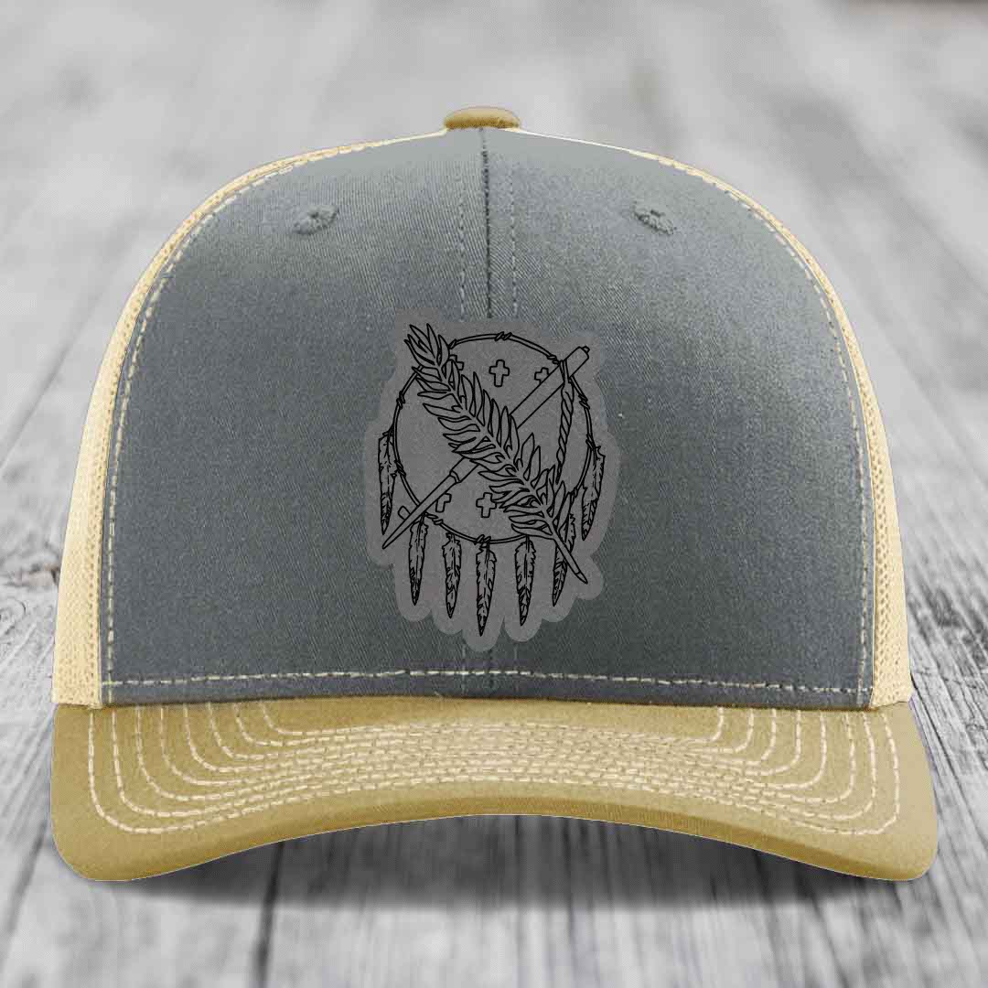 Oklahoma State Flag - Leather Patch Hat - Grey to Black Patch - Richardson 112 Snapback Trucker Hat