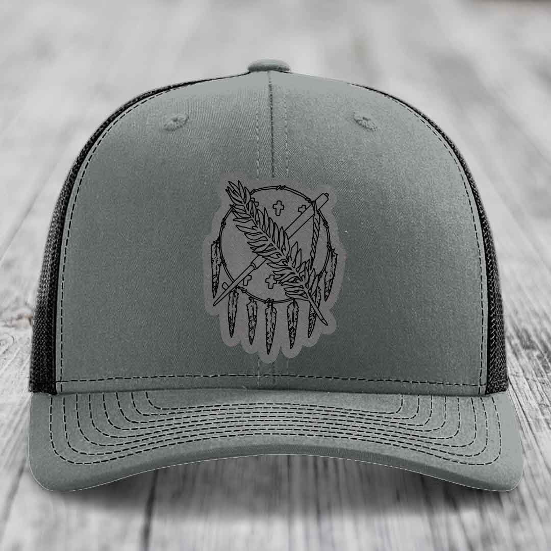 Oklahoma State Flag - Leather Patch Hat - Grey to Black Patch - Richardson 112 Snapback Trucker Hat