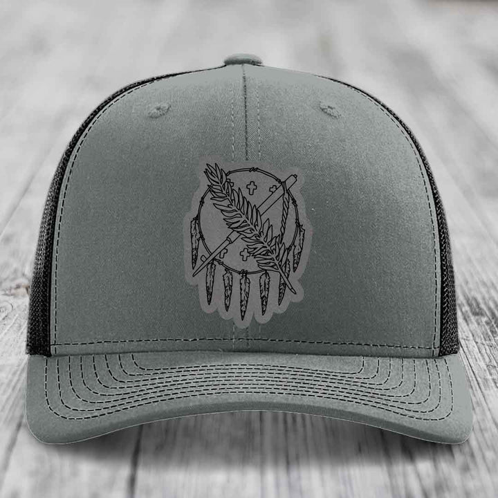 Oklahoma State Flag - Leather Patch Hat - Grey to Black Patch - Richardson 112 Snapback Trucker Hat