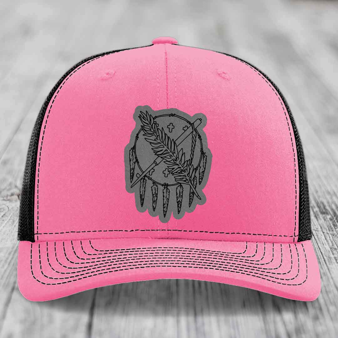 Oklahoma State Flag - Leather Patch Hat - Grey to Black Patch - Richardson 112 Snapback Trucker Hat