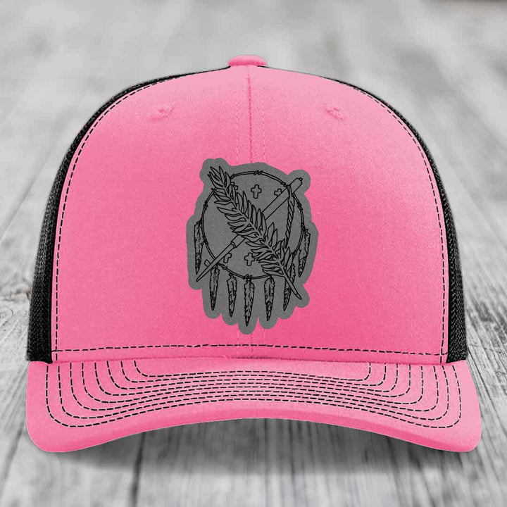 Oklahoma State Flag - Leather Patch Hat - Grey to Black Patch - Richardson 112 Snapback Trucker Hat