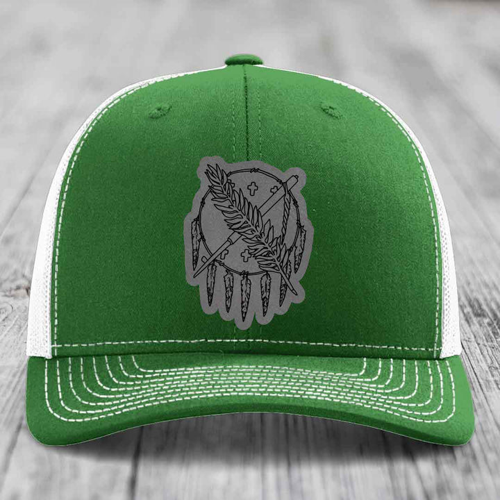 Oklahoma State Flag - Leather Patch Hat - Grey to Black Patch - Richardson 112 Snapback Trucker Hat