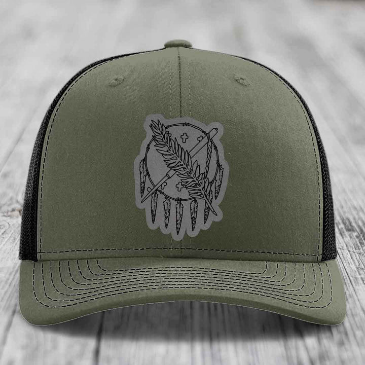Oklahoma State Flag - Leather Patch Hat - Grey to Black Patch - Richardson 112 Snapback Trucker Hat
