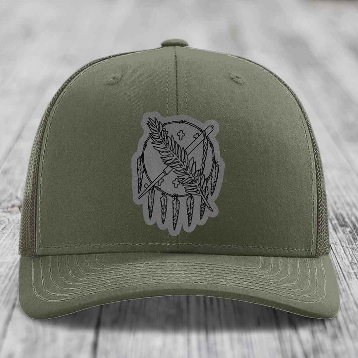 Oklahoma State Flag - Leather Patch Hat - Grey to Black Patch - Richardson 112 Snapback Trucker Hat