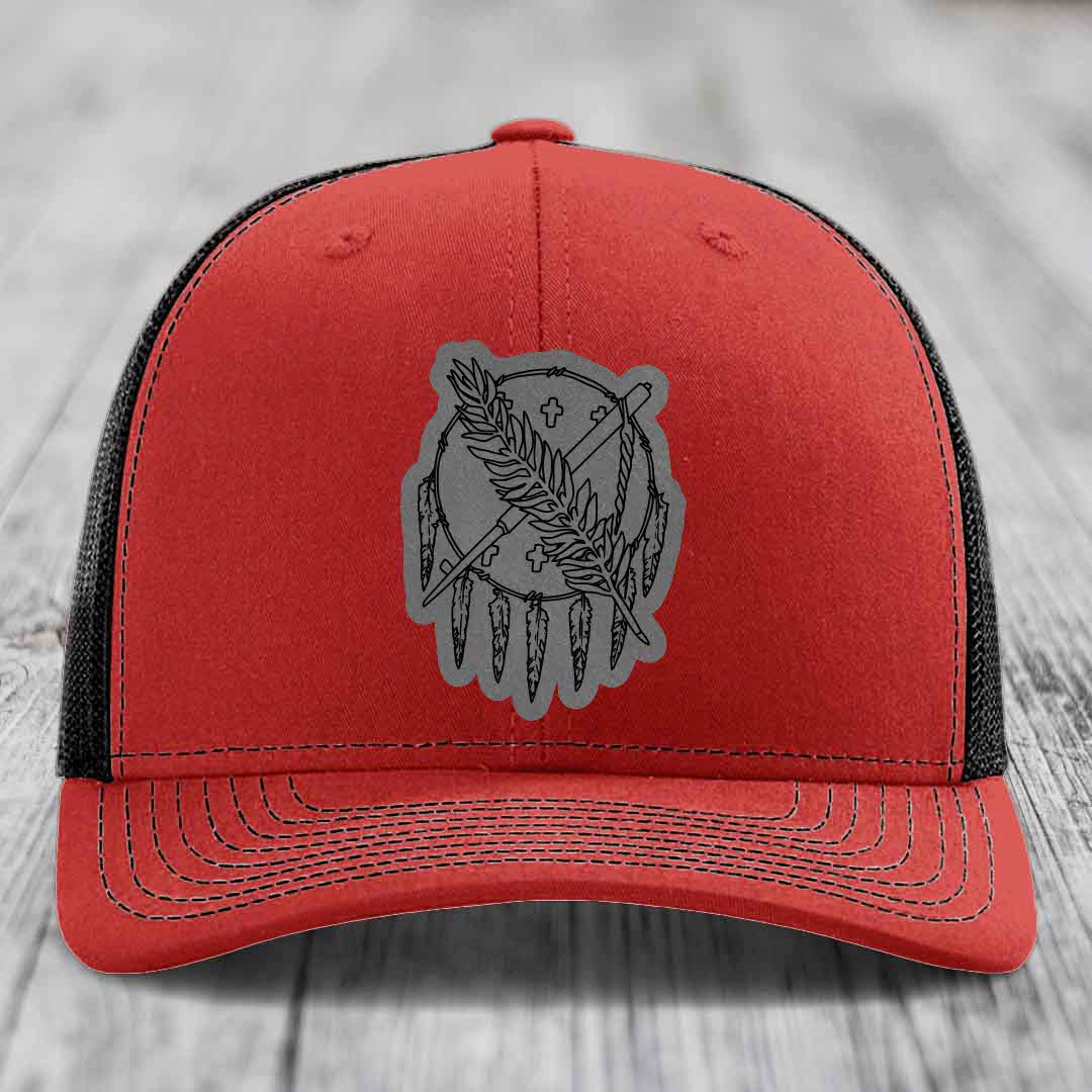 Oklahoma State Flag - Leather Patch Hat - Grey to Black Patch - Richardson 112 Snapback Trucker Hat