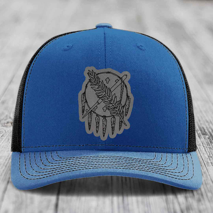 Oklahoma State Flag - Leather Patch Hat - Grey to Black Patch - Richardson 112 Snapback Trucker Hat