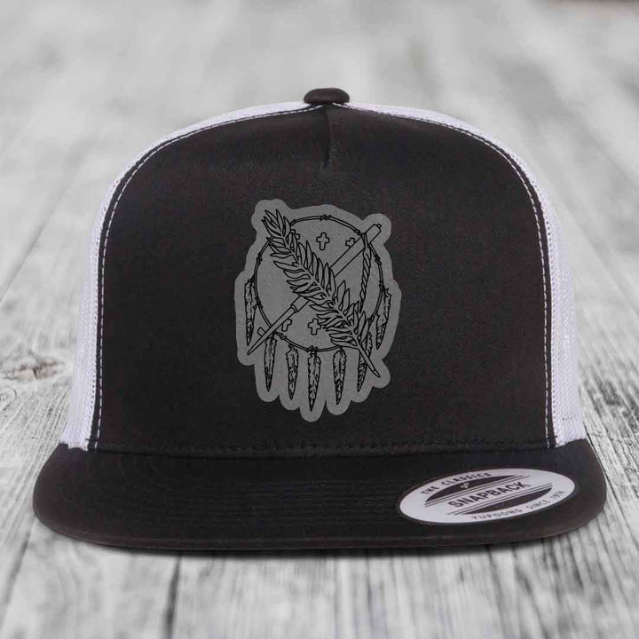 Oklahoma State Flag - Leather Patch Hat - Grey to Black Patch - Yupoong 6006 Snapback Flatbill Hat