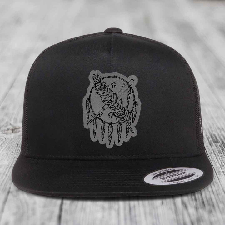 Oklahoma State Flag - Leather Patch Hat - Grey to Black Patch - Yupoong 6006 Snapback Flatbill Hat