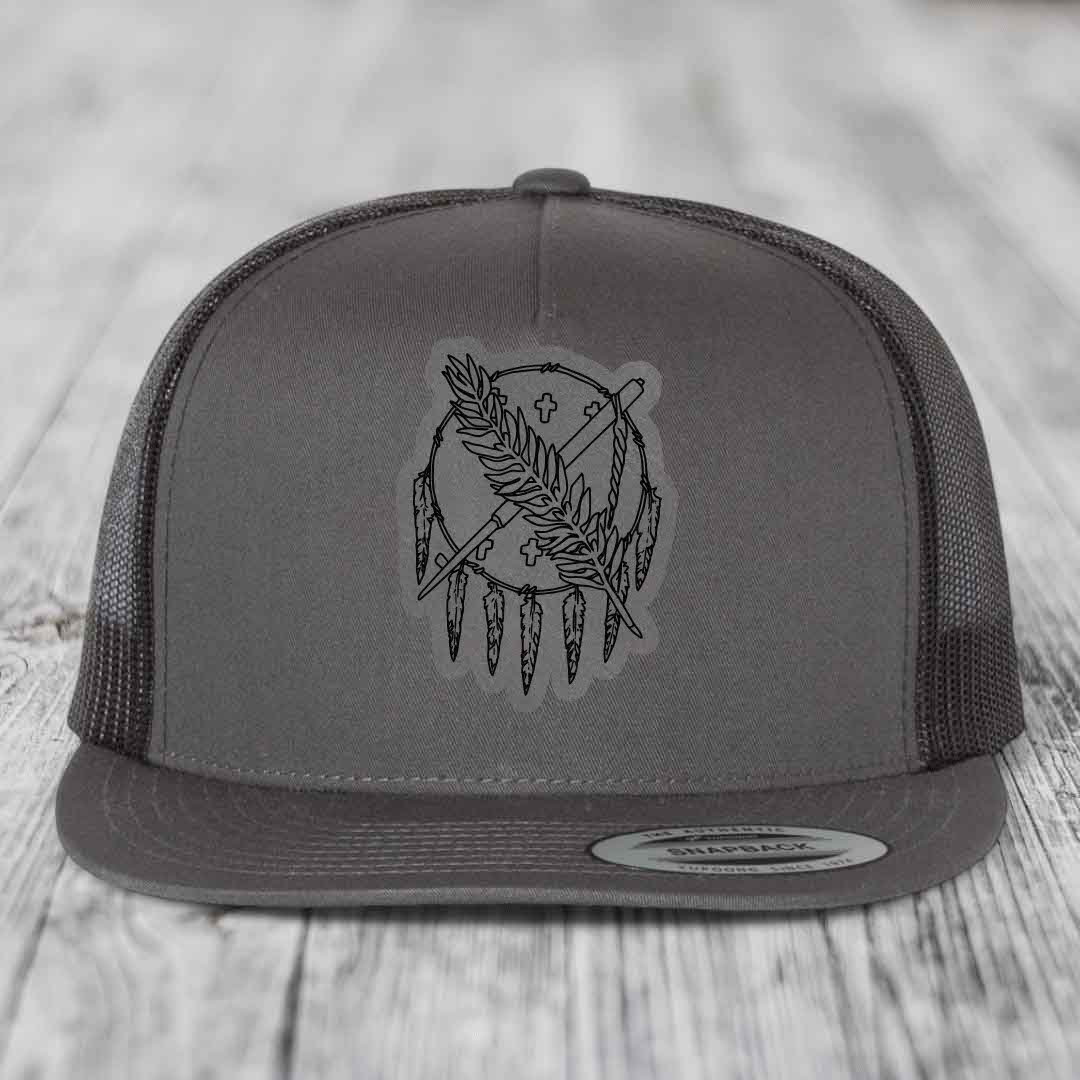 Oklahoma State Flag - Leather Patch Hat - Grey to Black Patch - Yupoong 6006 Snapback Flatbill Hat