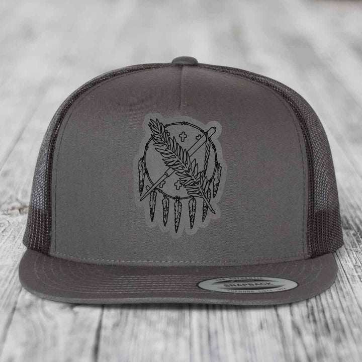 Oklahoma State Flag - Leather Patch Hat - Grey to Black Patch - Yupoong 6006 Snapback Flatbill Hat