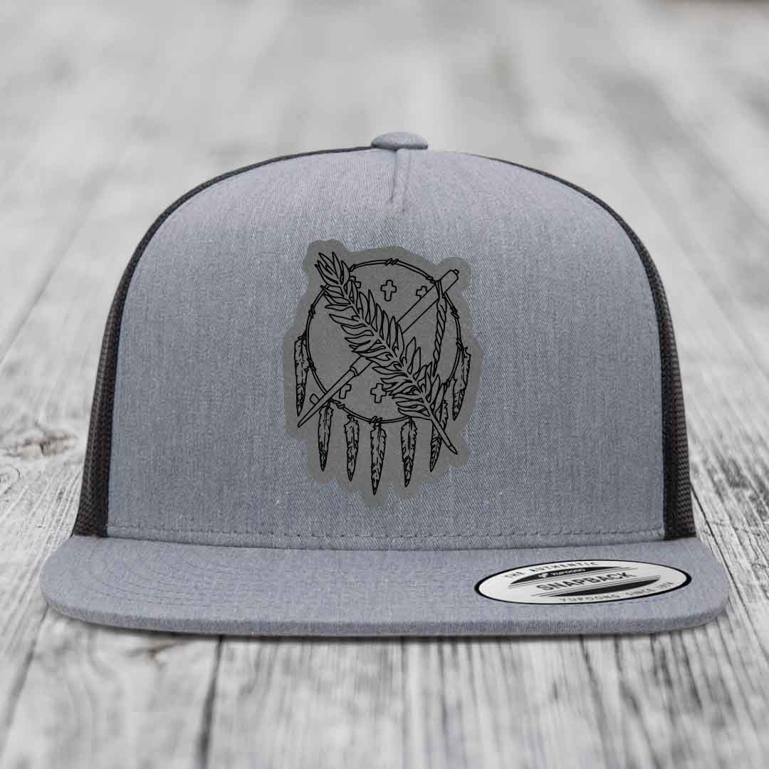 Oklahoma State Flag - Leather Patch Hat - Grey to Black Patch - Yupoong 6006 Snapback Flatbill Hat