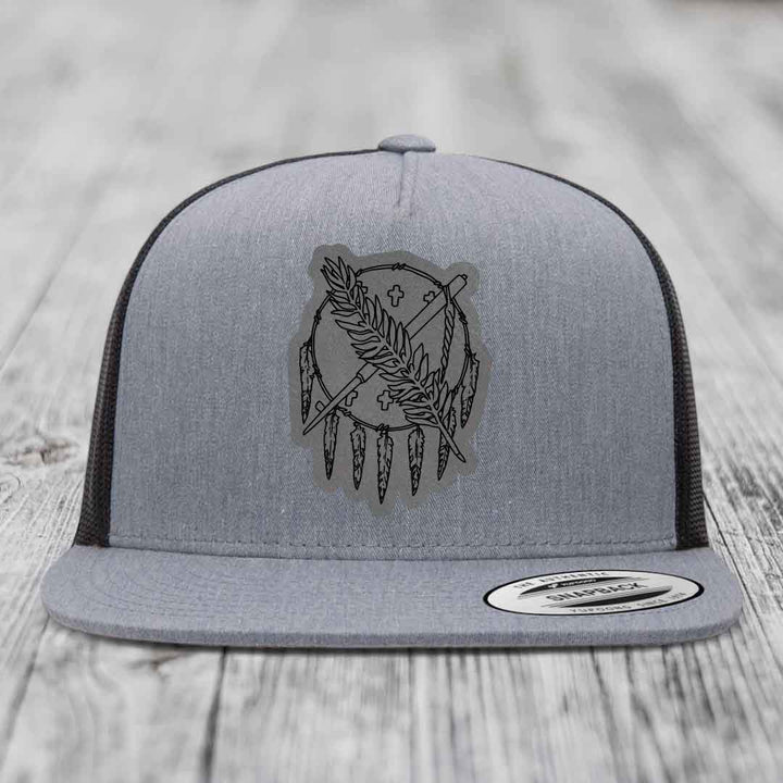 Oklahoma State Flag - Leather Patch Hat - Grey to Black Patch - Yupoong 6006 Snapback Flatbill Hat