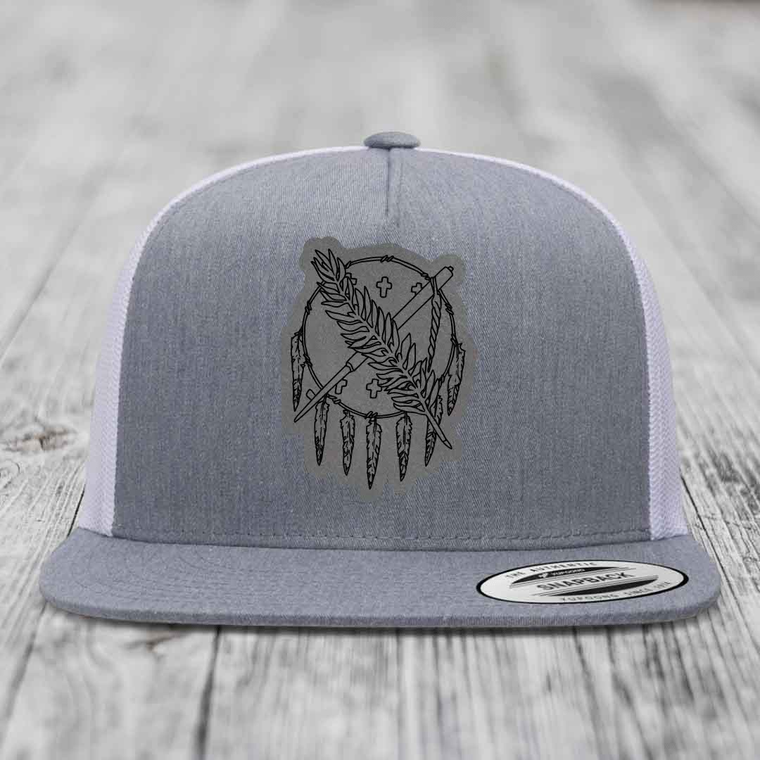 Oklahoma State Flag - Leather Patch Hat - Grey to Black Patch - Yupoong 6006 Snapback Flatbill Hat