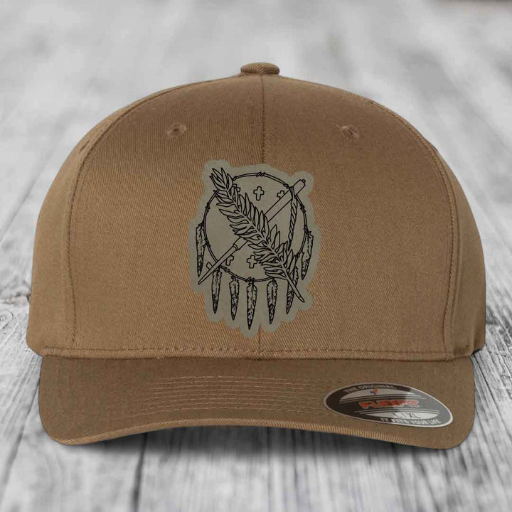 Oklahoma State Flag - Leather Patch Hat - Light Brown to Black Patch - Flexfit 6277 Fitted Hat