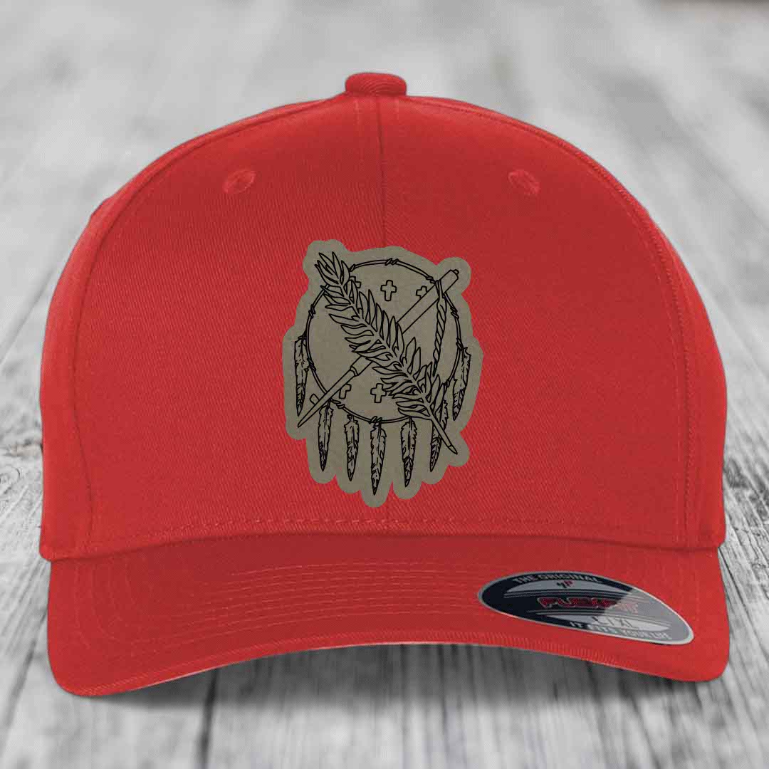 Oklahoma State Flag - Leather Patch Hat - Light Brown to Black Patch - Flexfit 6277 Fitted Hat