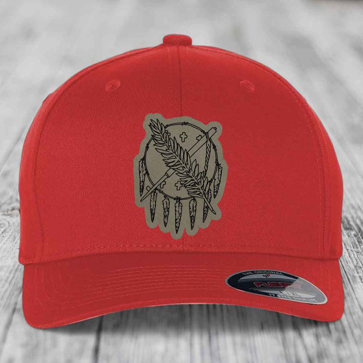 Oklahoma State Flag - Leather Patch Hat - Light Brown to Black Patch - Flexfit 6277 Fitted Hat