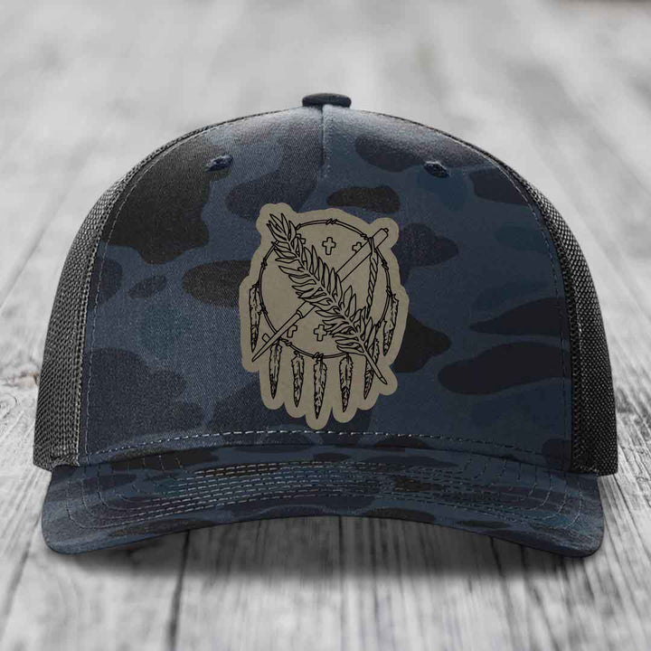 Oklahoma State Flag - Leather Patch Hat - Light Brown to Black Patch - Richardson 112PFP Snapback Trucker Hat