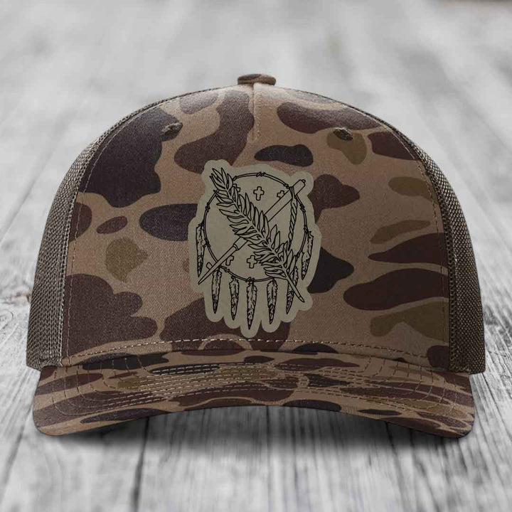 Oklahoma State Flag - Leather Patch Hat - Light Brown to Black Patch - Richardson 112PFP Snapback Trucker Hat