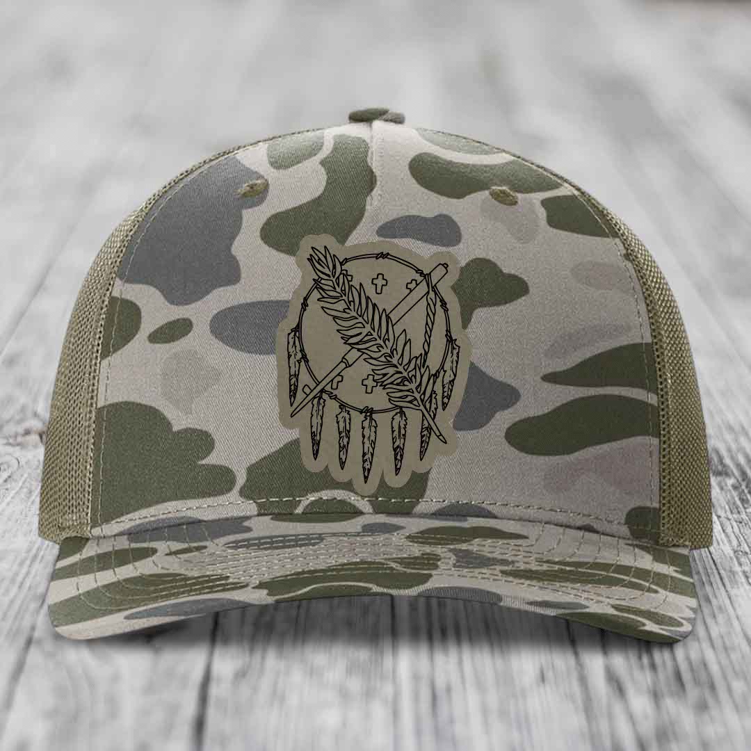 Oklahoma State Flag - Leather Patch Hat - Light Brown to Black Patch - Richardson 112PFP Snapback Trucker Hat
