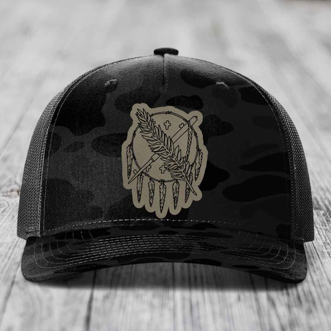 Oklahoma State Flag - Leather Patch Hat - Light Brown to Black Patch - Richardson 112PFP Snapback Trucker Hat