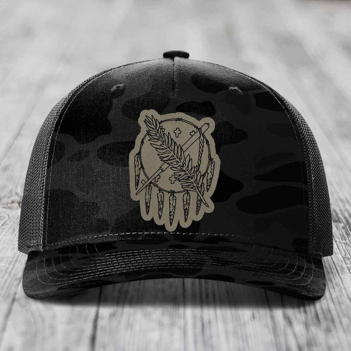 Oklahoma State Flag - Leather Patch Hat - Light Brown to Black Patch - Richardson 112PFP Snapback Trucker Hat
