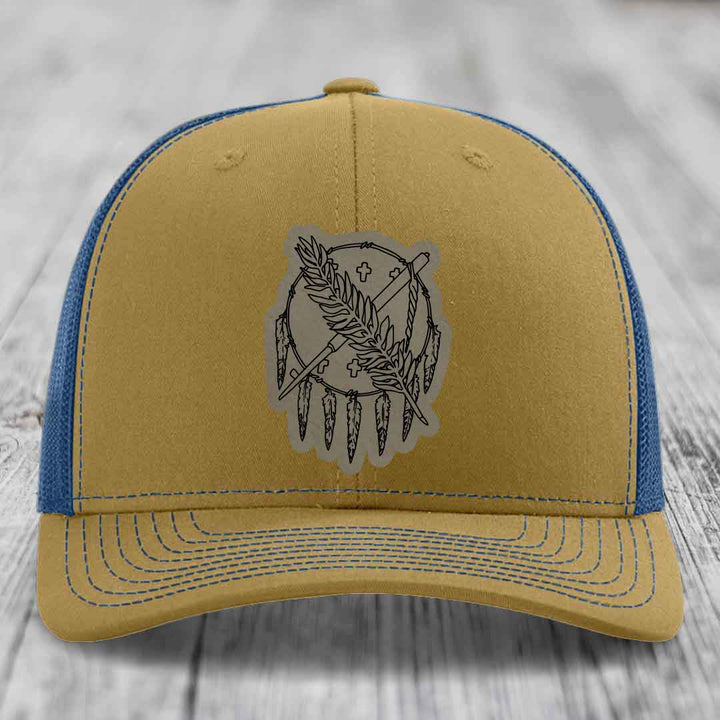 Oklahoma State Flag - Leather Patch Hat - Light Brown to Black Patch - Richardson 112 Snapback Trucker Hat
