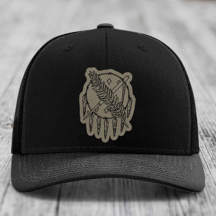 Oklahoma State Flag - Leather Patch Hat - Light Brown to Black Patch - Richardson 112 Snapback Trucker Hat