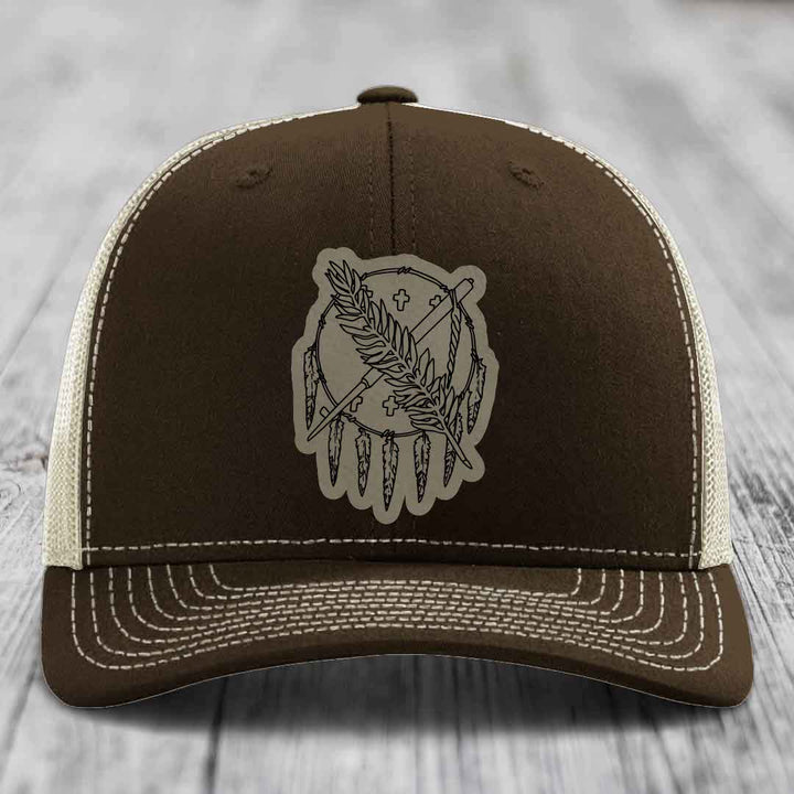 Oklahoma State Flag - Leather Patch Hat - Light Brown to Black Patch - Richardson 112 Snapback Trucker Hat
