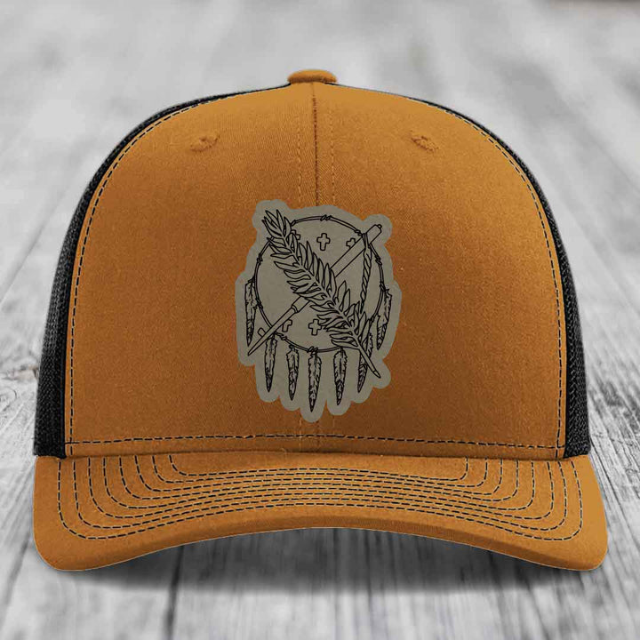 Oklahoma State Flag - Leather Patch Hat - Light Brown to Black Patch - Richardson 112 Snapback Trucker Hat