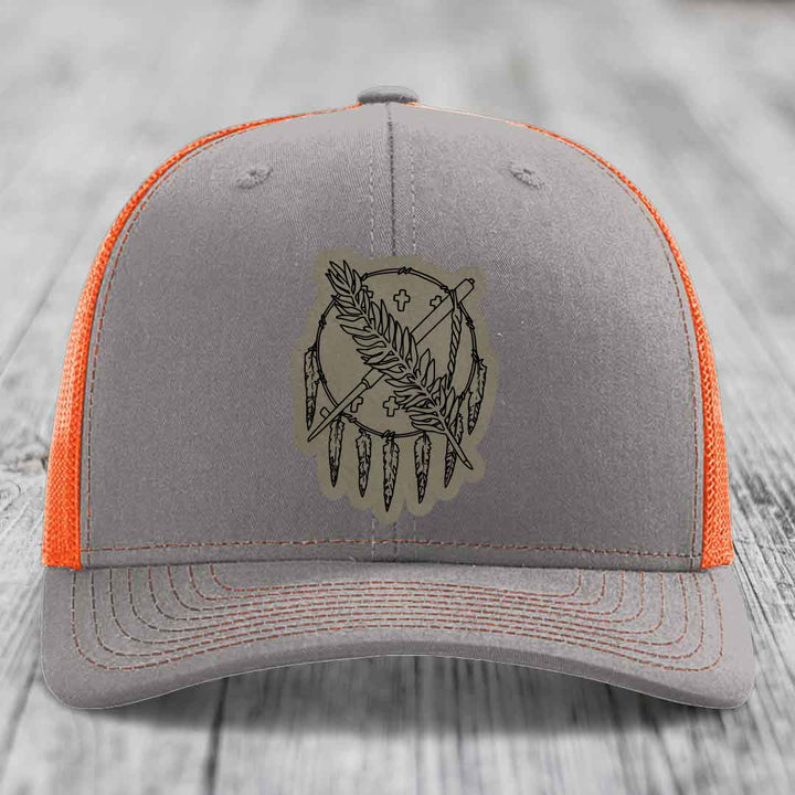 Oklahoma State Flag - Leather Patch Hat - Light Brown to Black Patch - Richardson 112 Snapback Trucker Hat
