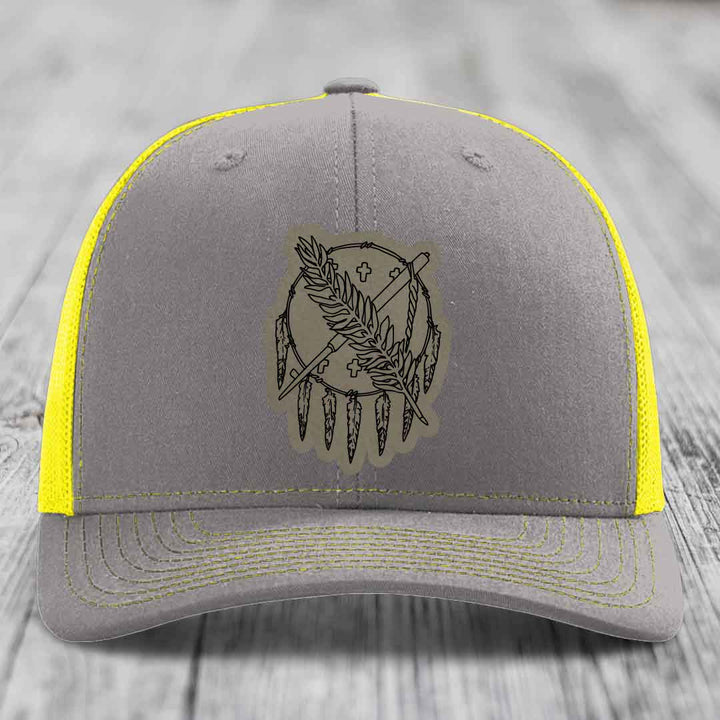 Oklahoma State Flag - Leather Patch Hat - Light Brown to Black Patch - Richardson 112 Snapback Trucker Hat