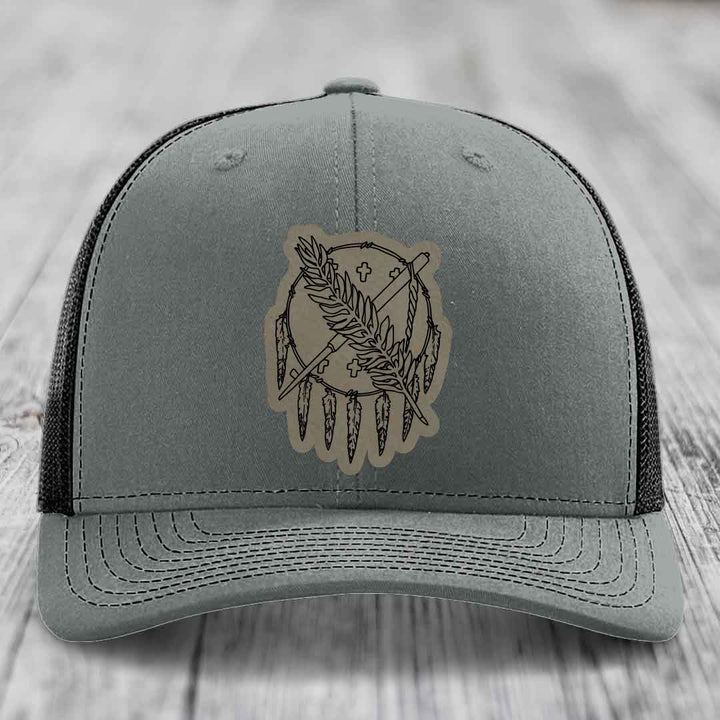 Oklahoma State Flag - Leather Patch Hat - Light Brown to Black Patch - Richardson 112 Snapback Trucker Hat