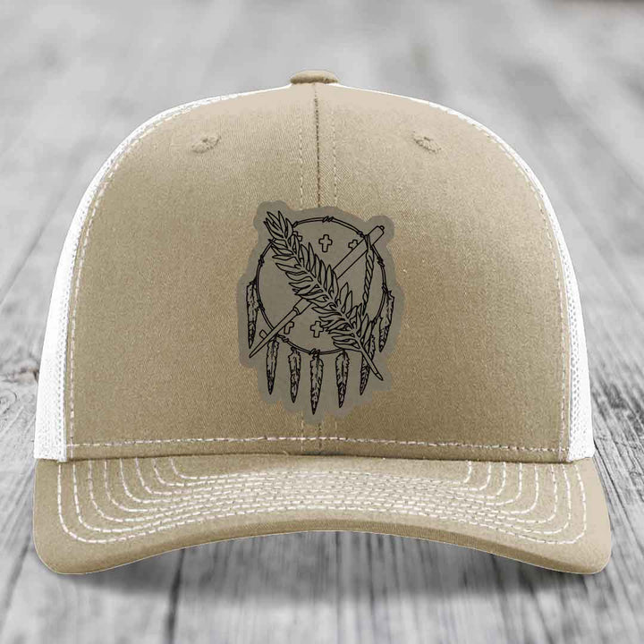 Oklahoma State Flag - Leather Patch Hat - Light Brown to Black Patch - Richardson 112 Snapback Trucker Hat