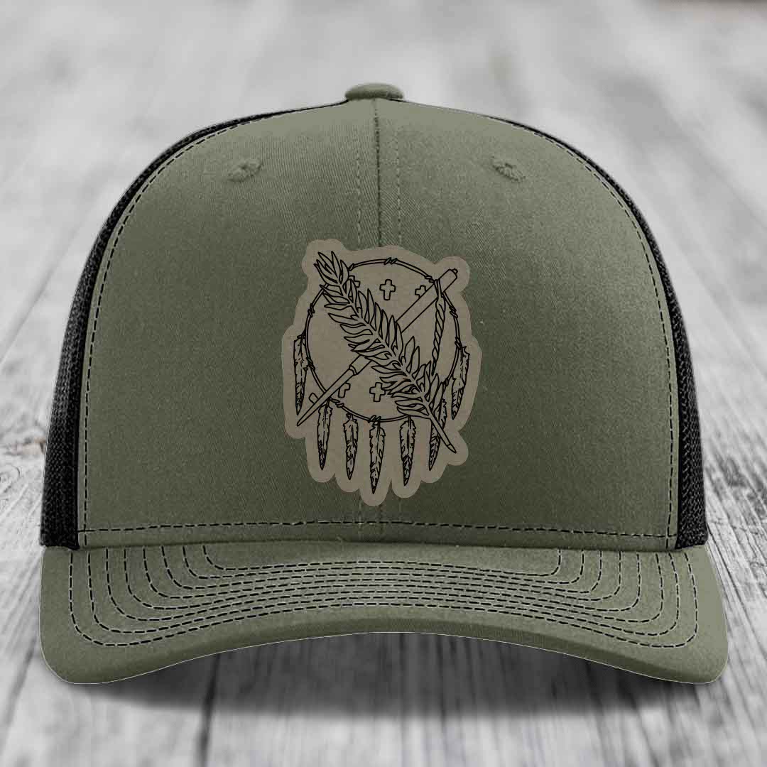 Oklahoma State Flag - Leather Patch Hat - Light Brown to Black Patch - Richardson 112 Snapback Trucker Hat