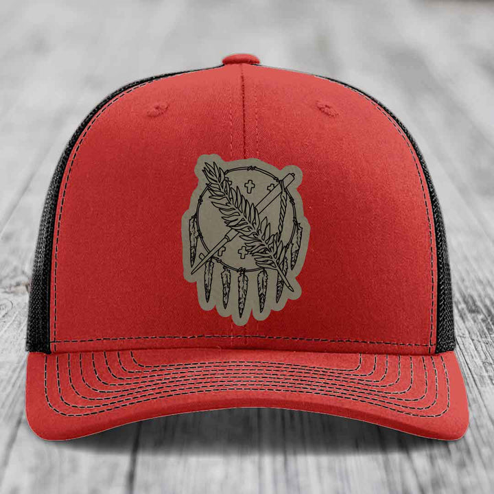 Oklahoma State Flag - Leather Patch Hat - Light Brown to Black Patch - Richardson 112 Snapback Trucker Hat