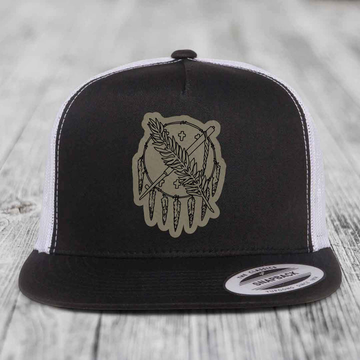 Oklahoma State Flag - Leather Patch Hat - Light Brown to Black Patch - Yupoong 6006 Snapback Flatbill Hat