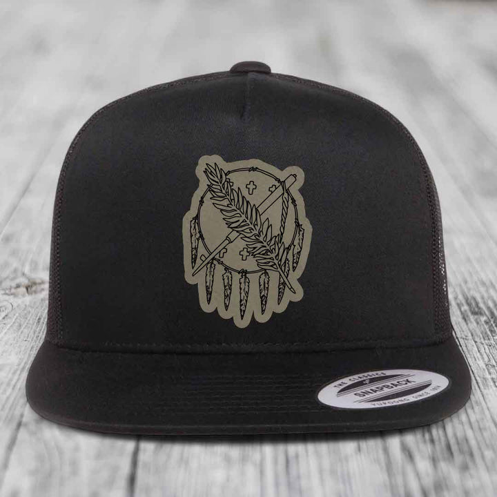 Oklahoma State Flag - Leather Patch Hat - Light Brown to Black Patch - Yupoong 6006 Snapback Flatbill Hat