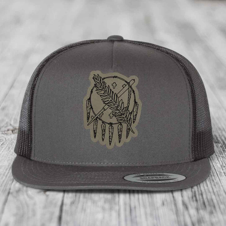 Oklahoma State Flag - Leather Patch Hat - Light Brown to Black Patch - Yupoong 6006 Snapback Flatbill Hat