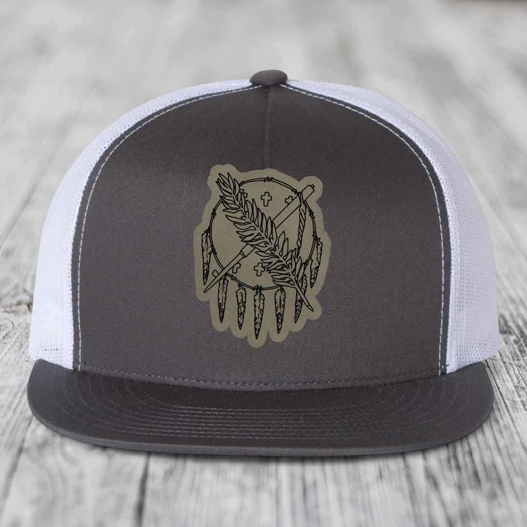 Oklahoma State Flag - Leather Patch Hat - Light Brown to Black Patch - Yupoong 6006 Snapback Flatbill Hat