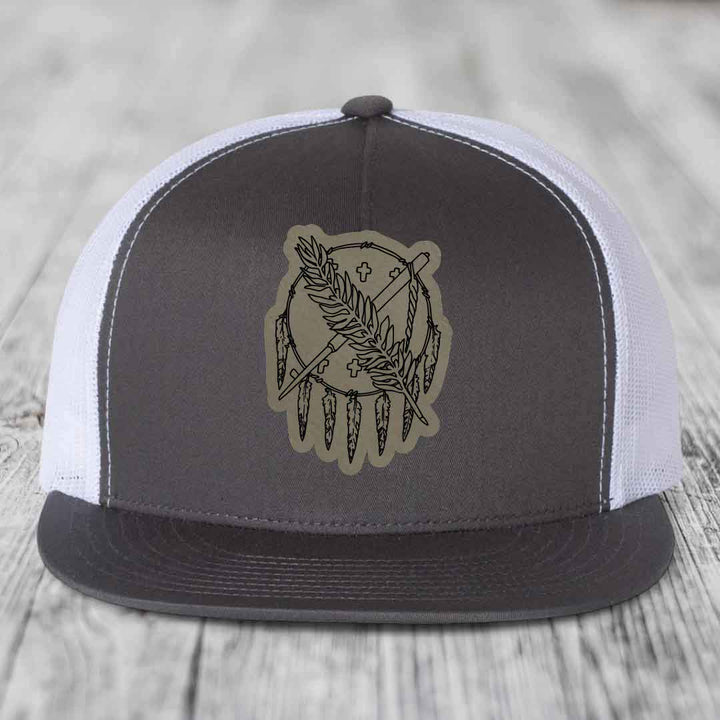 Oklahoma State Flag - Leather Patch Hat - Light Brown to Black Patch - Yupoong 6006 Snapback Flatbill Hat
