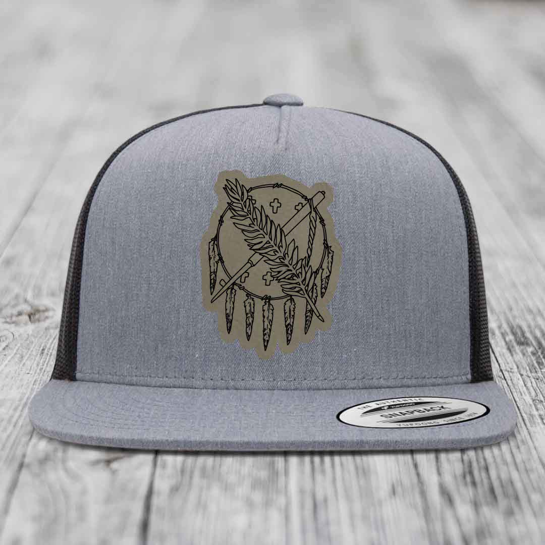 Oklahoma State Flag - Leather Patch Hat - Light Brown to Black Patch - Yupoong 6006 Snapback Flatbill Hat