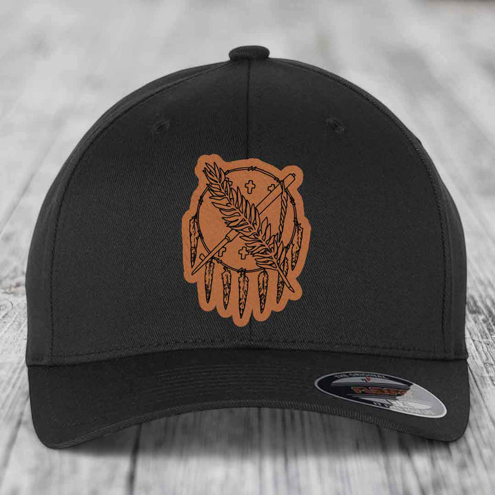 Oklahoma State Flag - Leather Patch Hat - Rawhide to Black Patch - Flexfit 6277 Fitted Hat