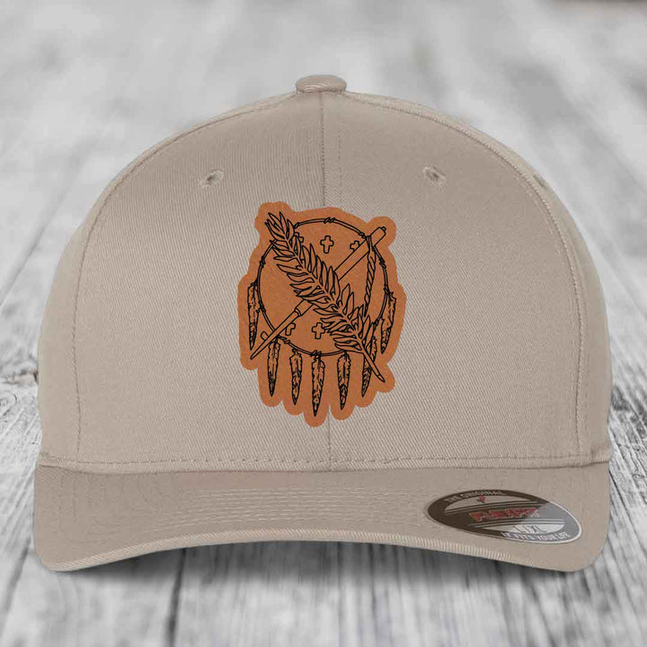 Oklahoma State Flag - Leather Patch Hat - Rawhide to Black Patch - Flexfit 6277 Fitted Hat